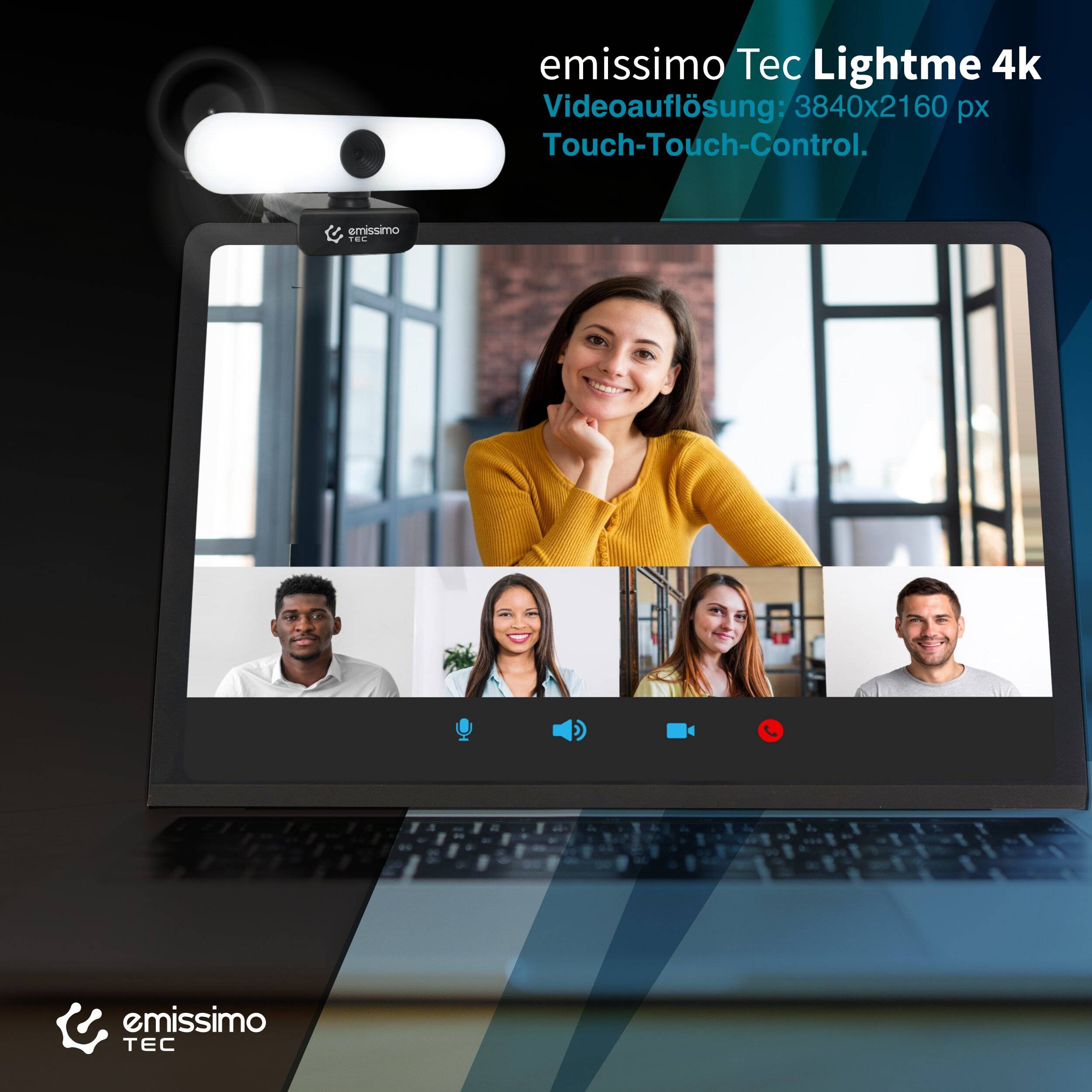 emissimo Tec LightMe 4K Webcam Licht und Mikrofon eingebaut, 3in1 Advanced Autofokus 3840x2160px-4