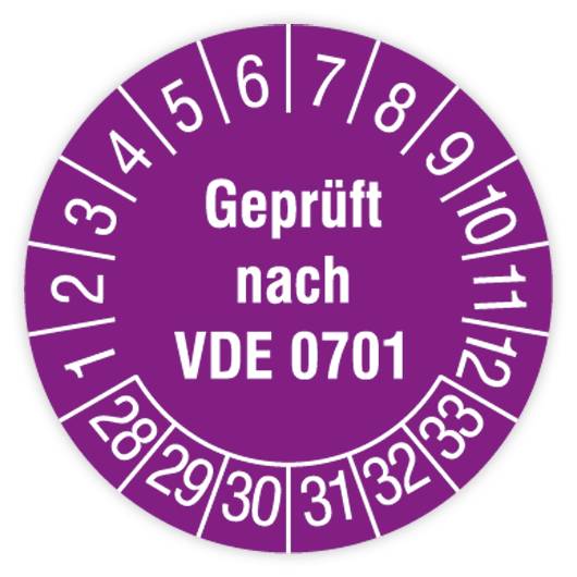 Prüfplakette, Geprüft nach VDE 0701, 2028 - 2033, Standardfolie, Ø 30 mm, Heft-0