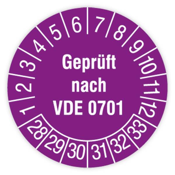 Prüfplakette, Geprüft nach VDE 0701, 2028 - 2033, Standardfolie, Ø 30 mm, Heft