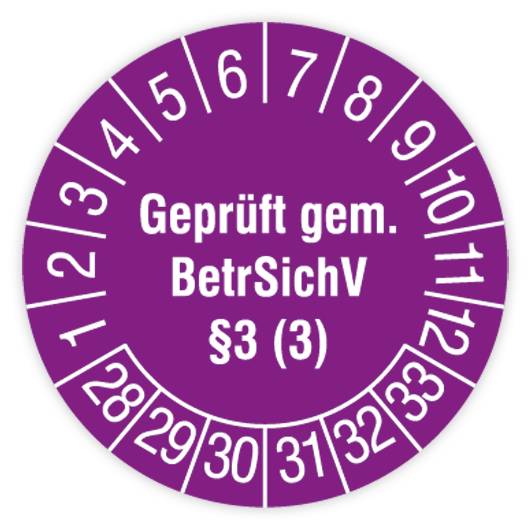 Prüfplakette für Leitern und Tritte, Geprüft gem. BetrSichV §3 (3), 2028, Dokumentenf., Ø 30mm, Heft-0
