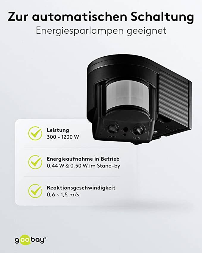 Goobay 96001 Infrarot Bewegungsmelder mit 180° PIR-Sensor für LED Außenleuchte Aufputz Wandmontage Melder, 12 m, Schwarz-5