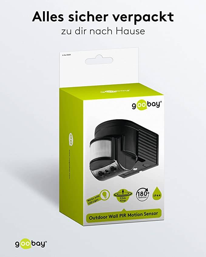 Goobay 96001 Infrarot Bewegungsmelder mit 180° PIR-Sensor für LED Außenleuchte Aufputz Wandmontage Melder, 12 m, Schwarz-6