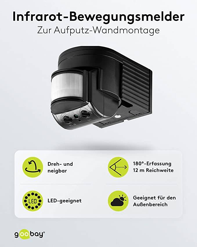 Goobay 96001 Infrarot Bewegungsmelder mit 180° PIR-Sensor für LED Außenleuchte Aufputz Wandmontage Melder, 12 m, Schwarz-1