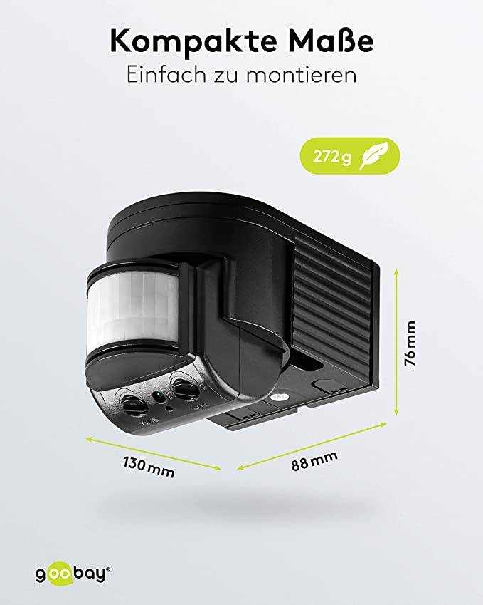Goobay 96001 Infrarot Bewegungsmelder mit 180° PIR-Sensor für LED Außenleuchte Aufputz Wandmontage Melder, 12 m, Schwarz-2