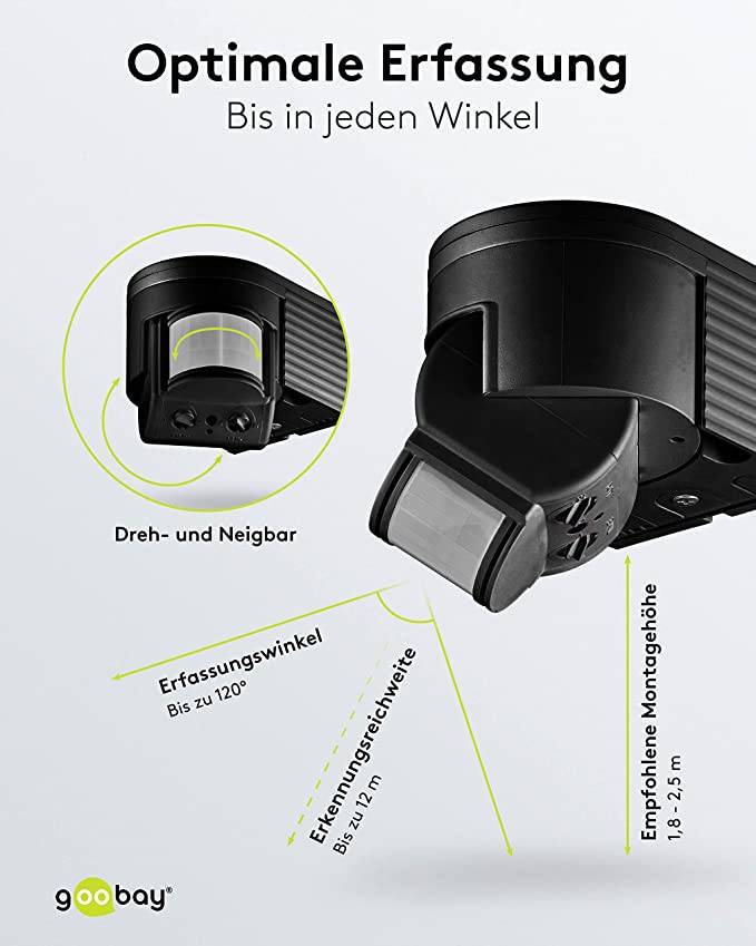 Goobay 96001 Infrarot Bewegungsmelder mit 180° PIR-Sensor für LED Außenleuchte Aufputz Wandmontage Melder, 12 m, Schwarz-3
