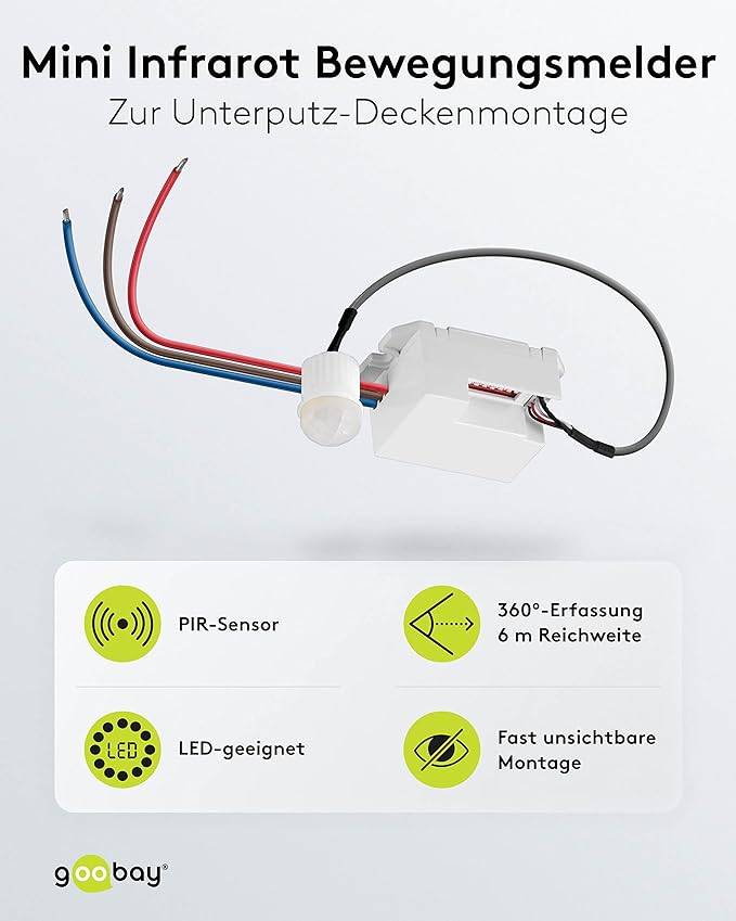Goobay 96006 Mini Infrarot Bewegungsmelder mit 360° PIR-Sensor für LED Deckenleuchte innen Unterputz Melder, 6 m, Weiß-1