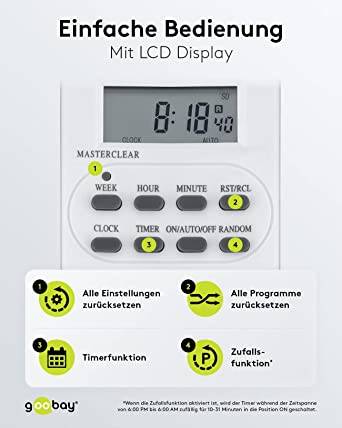 Goobay 51277 Digitale Zeitschaltuhr 3600W / Schaltuhr für Steckdose / Dauerbetrieb Timer 1 Min Takt / LCD Display / Weiß-3