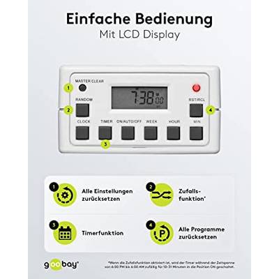 Goobay 93256 Digitale Zeitschaltuhr 3600W / 4 Tage Akku / Innen Schaltuhr für Steckdose / Timer 1 Min Takt / LCD Display-3