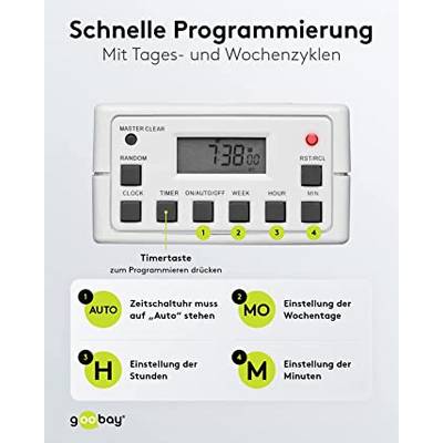 Goobay 93256 Digitale Zeitschaltuhr 3600W / 4 Tage Akku / Innen Schaltuhr für Steckdose / Timer 1 Min Takt / LCD Display-4
