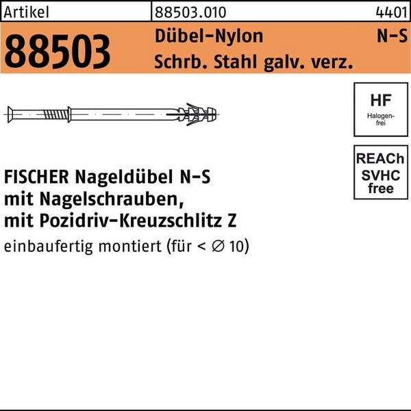 Nageldübel R 88503 N-S 8x 80/40 Schraube Sta verz./Dübel-Nylon 50St. FISCHER