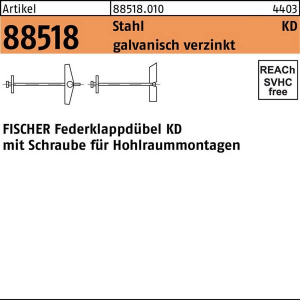 Klappdübel R 88518 Schraube KD 4x105 Stahl galv.verz. 25St. FISCHER