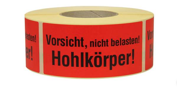 Warnetiketten, 145 x 70 mm, aus Papier, mit Aufdruck, "Vorsicht Hohlkörper"