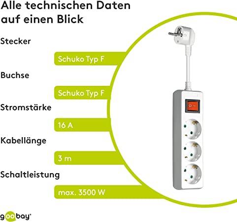 Goobay 51083 Steckdosenleiste mit Schalter zum Energiesparen, 3 fach Steckdose mit Überspannungsschutz, 3.0 m Kabel-5