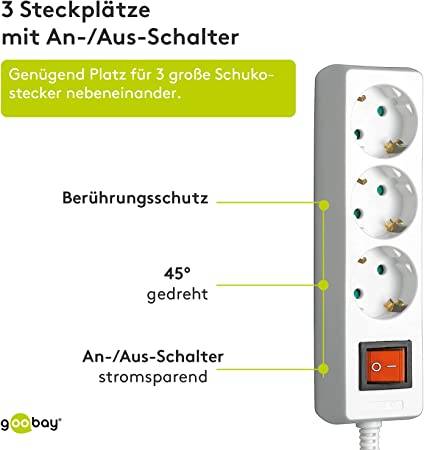 Goobay 51083 Steckdosenleiste mit Schalter zum Energiesparen, 3 fach Steckdose mit Überspannungsschutz, 3.0 m Kabel-2