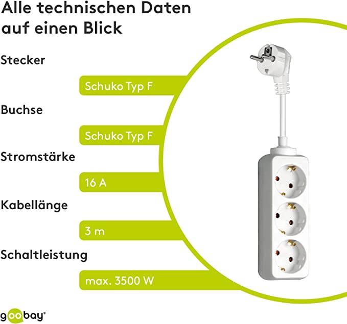 Goobay 51075 Steckdosenleiste mit 45° Steckplätzen, 3500 W, 3er Mehrfachsteckdose, 3 fach Steckdose, 3.0 m Kabel, Weiß-5
