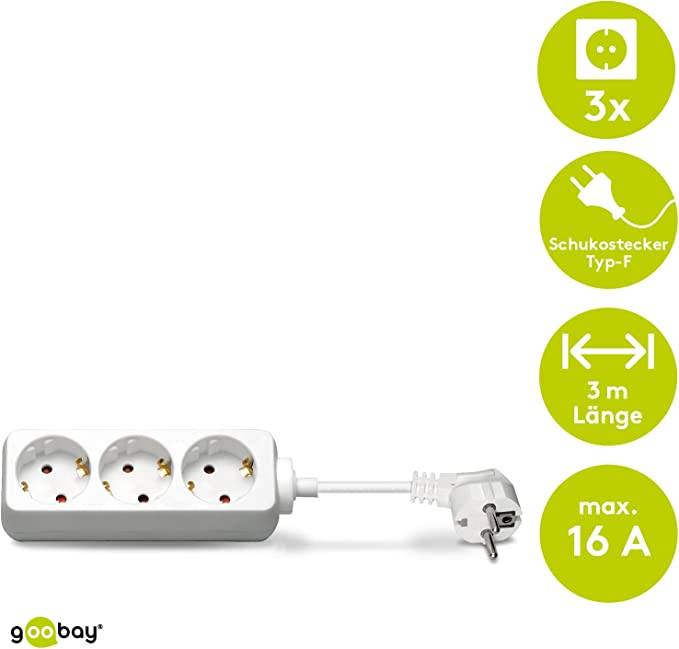 Goobay 51075 Steckdosenleiste mit 45° Steckplätzen, 3500 W, 3er Mehrfachsteckdose, 3 fach Steckdose, 3.0 m Kabel, Weiß-1