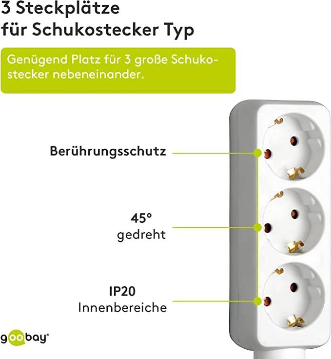 Goobay 51075 Steckdosenleiste mit 45° Steckplätzen, 3500 W, 3er Mehrfachsteckdose, 3 fach Steckdose, 3.0 m Kabel, Weiß-2