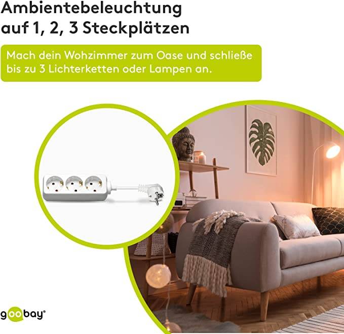 Goobay 51075 Steckdosenleiste mit 45° Steckplätzen, 3500 W, 3er Mehrfachsteckdose, 3 fach Steckdose, 3.0 m Kabel, Weiß-4