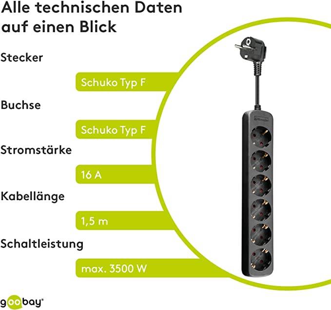 Goobay 96049 Steckdosenleiste mit 45° Steckplätzen, 3500 W, 6er Mehrfachsteckdose 6 fach Steckdose, 1.5 m Kabel, Schwarz-5