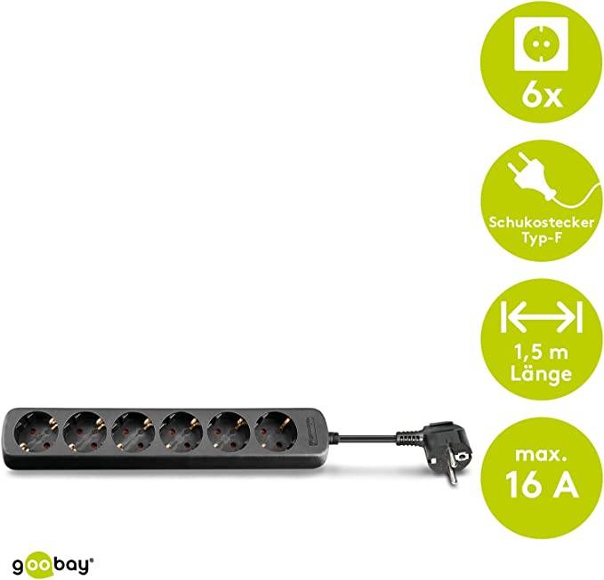 Goobay 96049 Steckdosenleiste mit 45° Steckplätzen, 3500 W, 6er Mehrfachsteckdose 6 fach Steckdose, 1.5 m Kabel, Schwarz-1