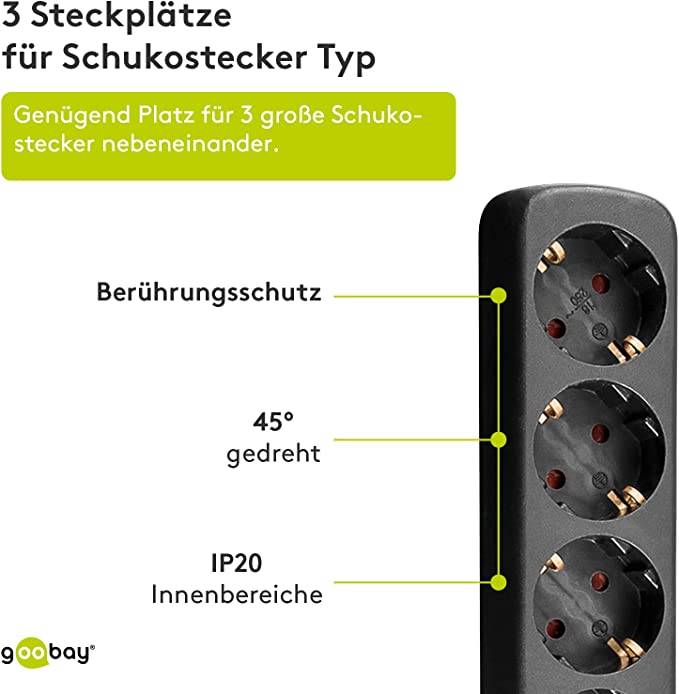 Goobay 96049 Steckdosenleiste mit 45° Steckplätzen, 3500 W, 6er Mehrfachsteckdose 6 fach Steckdose, 1.5 m Kabel, Schwarz-2