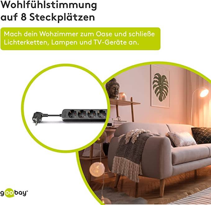 Goobay 96049 Steckdosenleiste mit 45° Steckplätzen, 3500 W, 6er Mehrfachsteckdose 6 fach Steckdose, 1.5 m Kabel, Schwarz-4