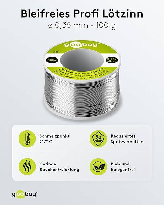 Goobay 51131 Lötzinn bleifrei ø 0,35 mm Lötdraht Flussmittel / 3,8 % Silber / 217 °C Schmelzpunkt bleifreies Löten 100g-1
