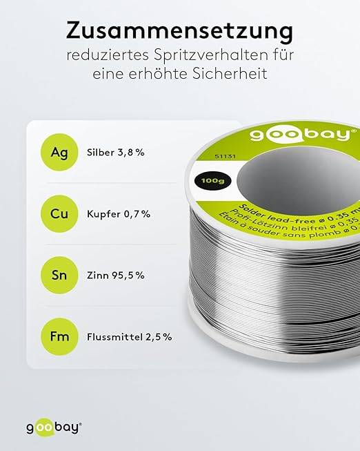 Goobay 51131 Lötzinn bleifrei ø 0,35 mm Lötdraht Flussmittel / 3,8 % Silber / 217 °C Schmelzpunkt bleifreies Löten 100g-2