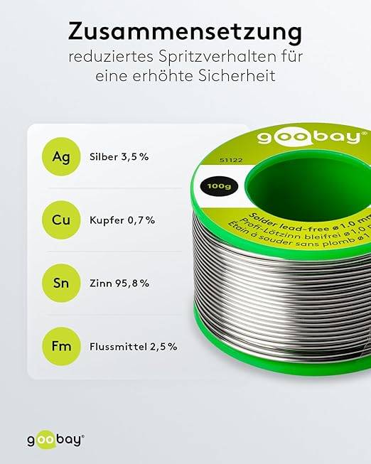 Goobay 51122 Lötzinn bleifrei ø 1,0 mm Lötdraht Flussmittel / 3,5 % Silber / 217 °C Schmelzpunkt bleifreies Löten 100g-2