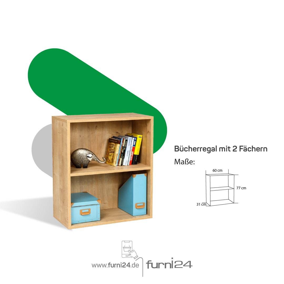 Breites Bücherregal mit 2 Fächern, Saphir Eiche Dekor, 60x31x77 cm-2