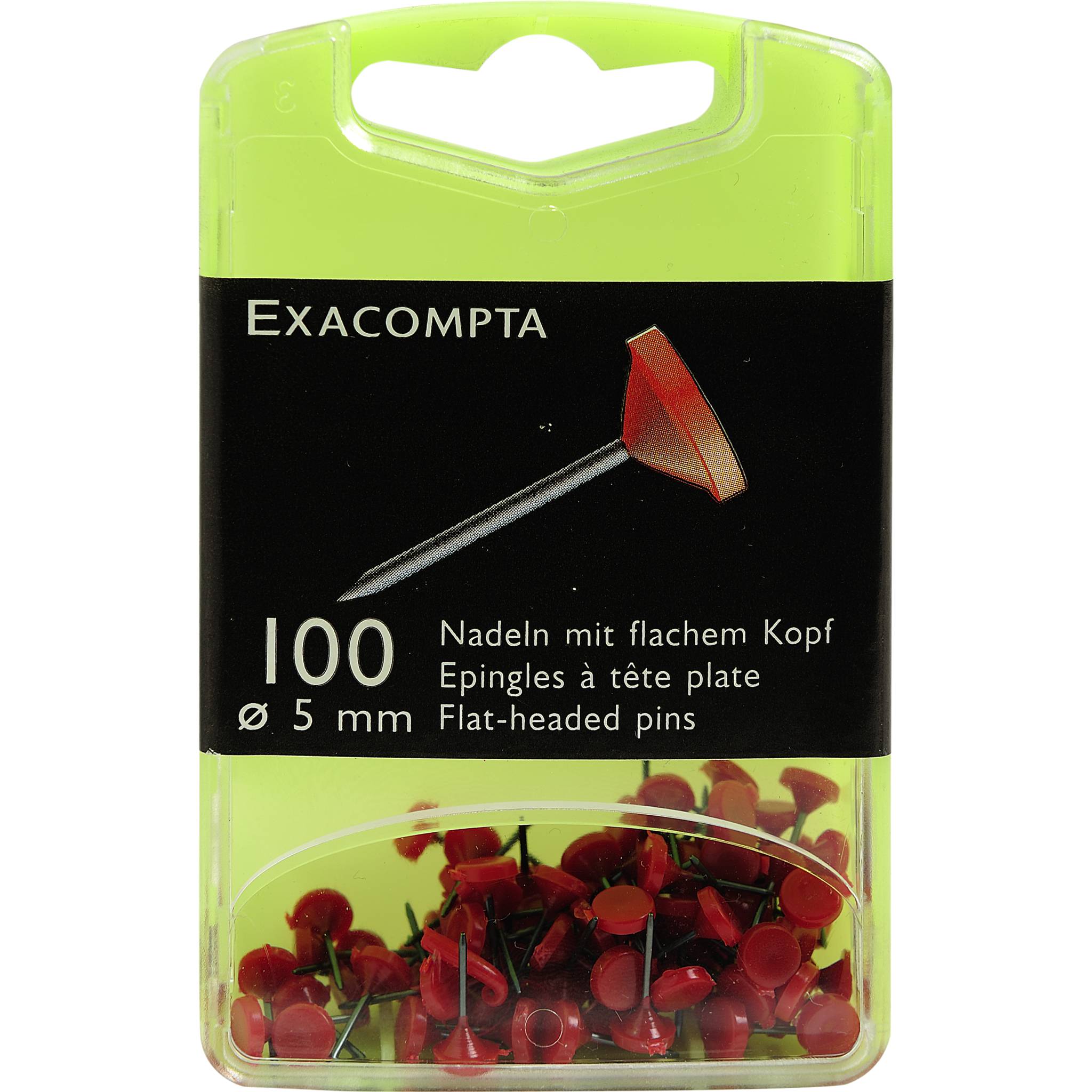 Exacompta 14504E Blisterbox mit 100 Stück Flachkopfnadeln, Ø5mm, Spitze 8mm - Rot