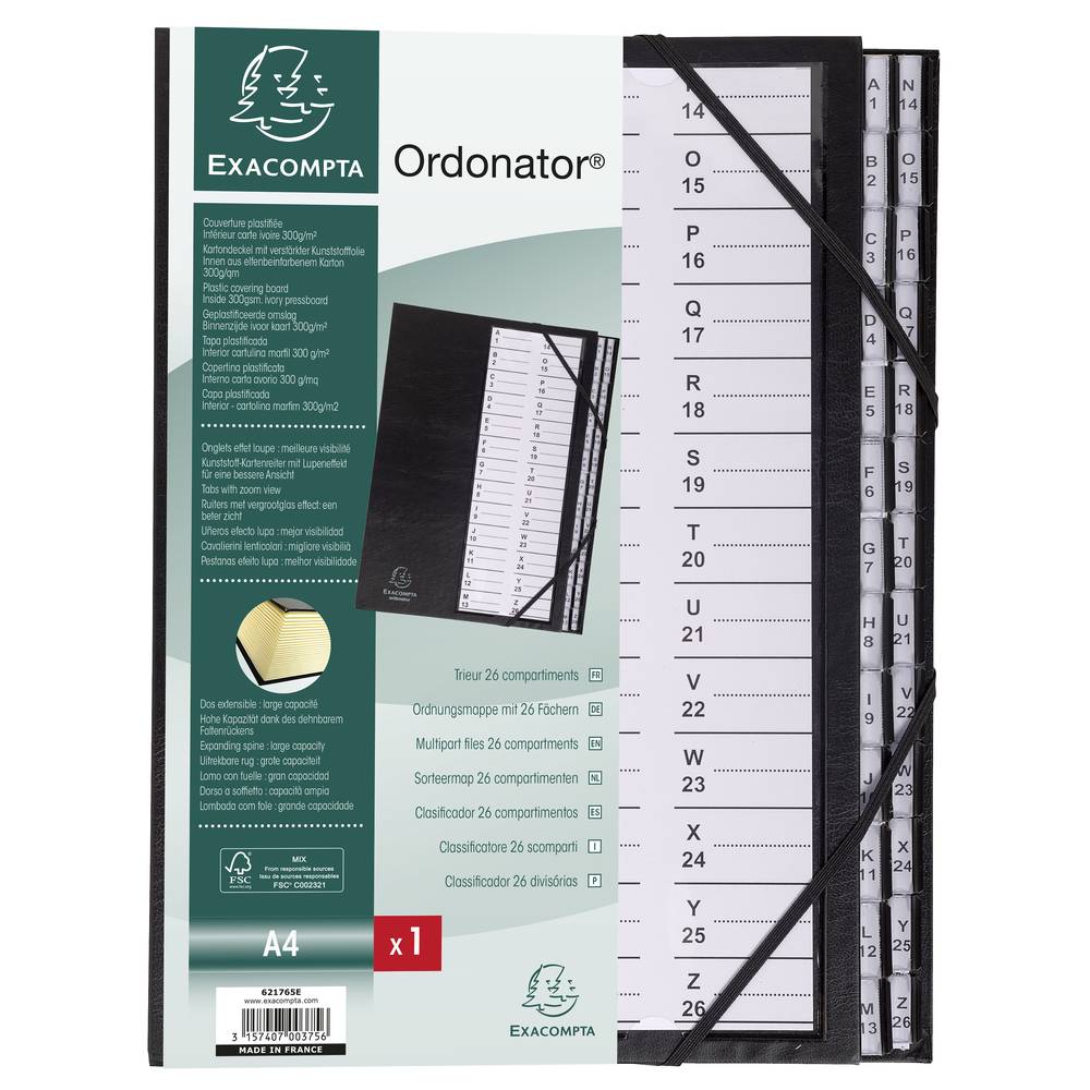 Exacompta Ordnungsmappe Deckel Gummizug dehnbar 26 Fächer A-Z A4 Schwarz 621765E-1