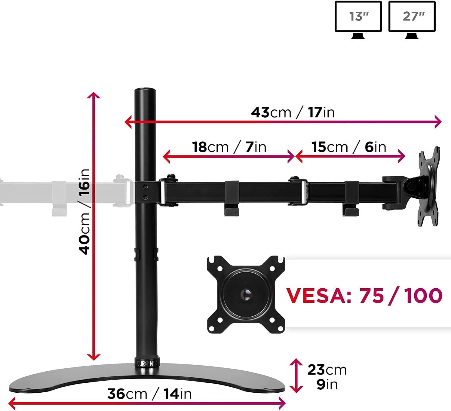 Duronic DMT15D2 Monitorarm 100 cm für 27 Zoll - 8kg Kapazität - Verstellbar in Höhe, Neigung und Drehung - VESA 75/100-1