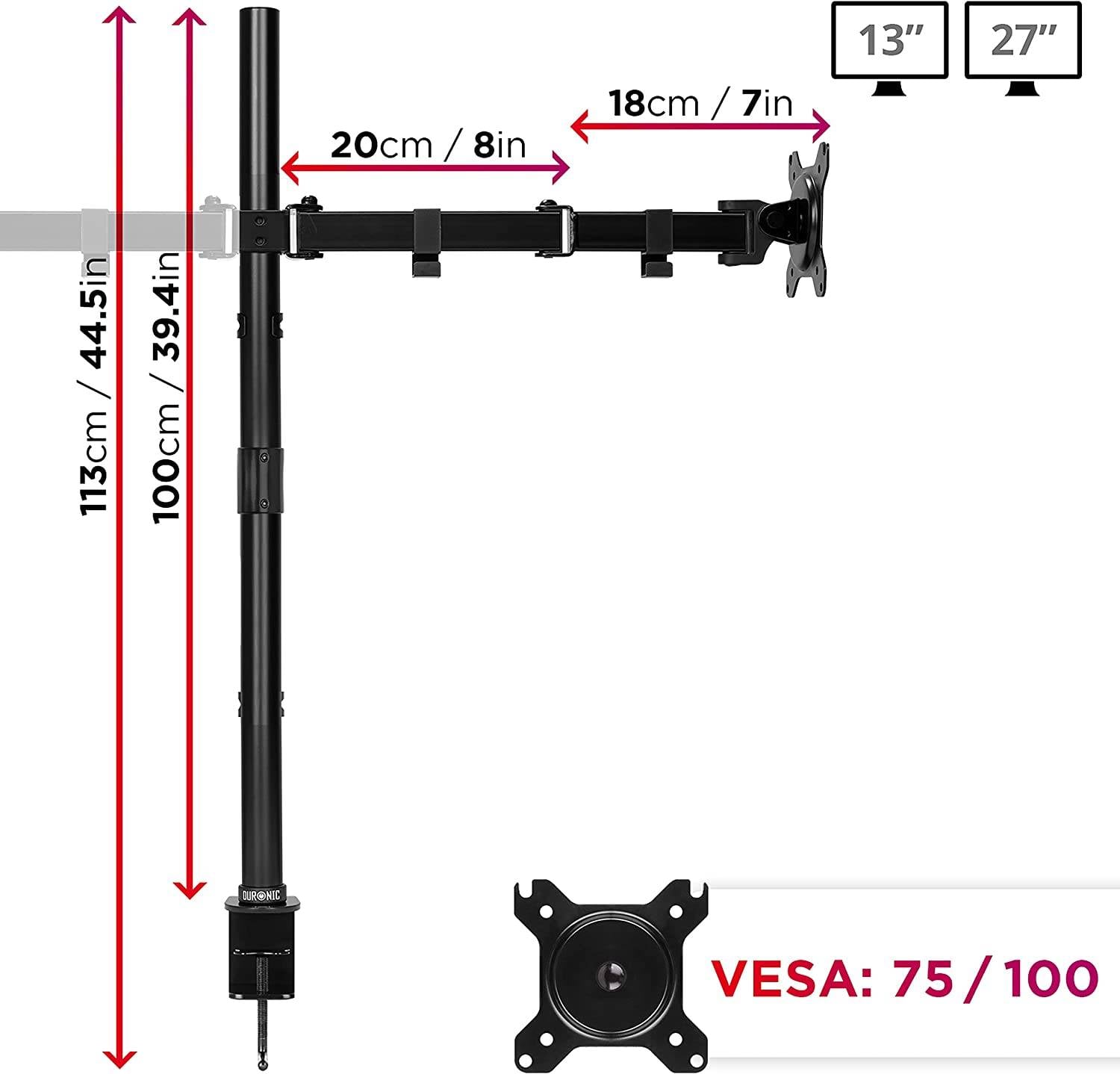 Duronic DMT152 Monitorarm 100 cm für 27 Zoll - 8kg Kapazität - Verstellbar in Höhe, Neigung und Drehung - VESA 75/100-1