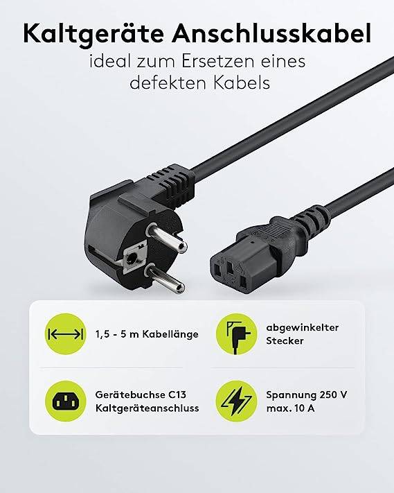 Goobay 51320 Kaltgerätekabel 90° gewinkelt / Schutzkontaktstecker & C13 Buchse / Stromkabel Netzkabel / Schwarz / 5m-1