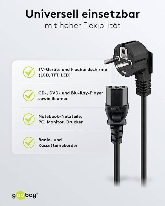 Goobay 51320 Kaltgerätekabel 90° gewinkelt / Schutzkontaktstecker & C13 Buchse / Stromkabel Netzkabel / Schwarz / 5m-3