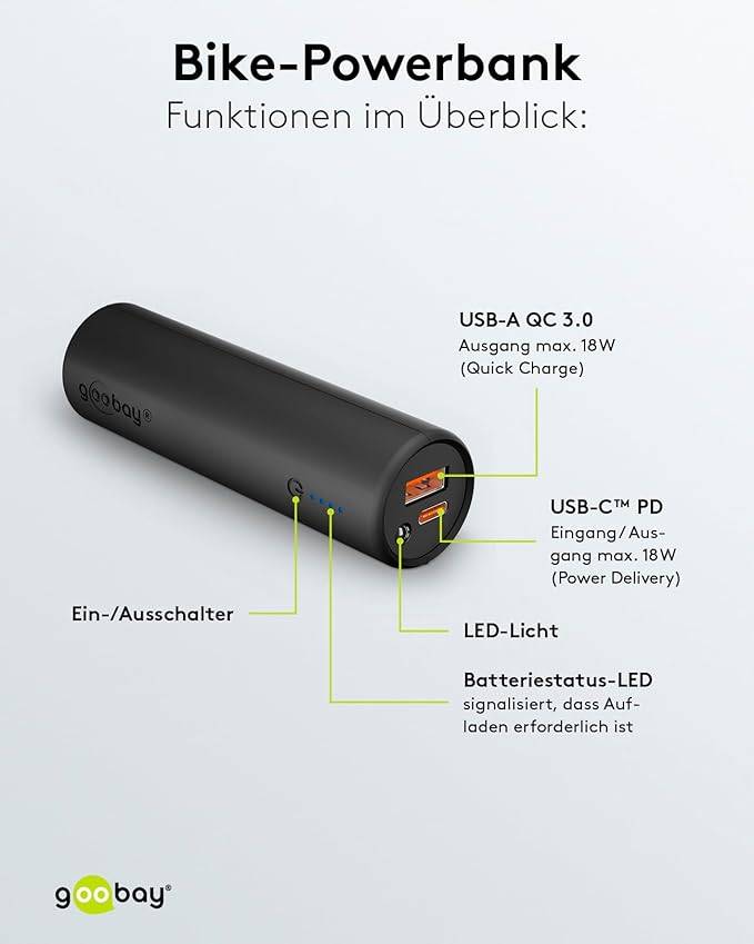 Goobay 60656 Bike‑Powerbank 5000 mAh, USB‑C & USB‑A, 18 W Power Delivery / Quick Charge, Taschenlampe, Fahrrad Powerbank-5