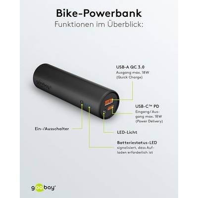 Goobay Bike‑Powerbank 5000 mAh, USB‑C & USB‑A, 18 W Power Delivery / Quick Charge, Taschenlampe, Fahrrad Powerbank-5