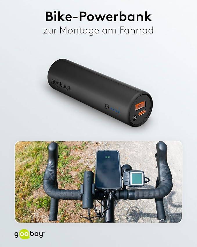 Goobay 60656 Bike‑Powerbank 5000 mAh, USB‑C & USB‑A, 18 W Power Delivery / Quick Charge, Taschenlampe, Fahrrad Powerbank-3