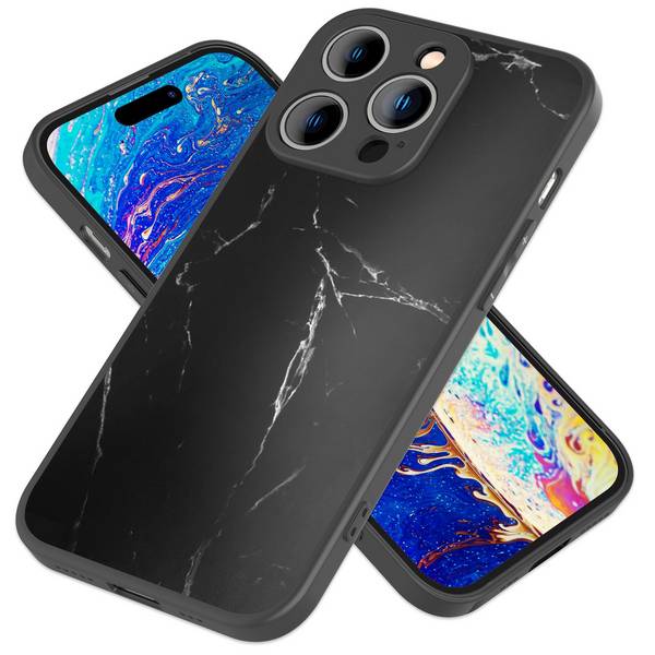 Glas Hülle für iPhone 14 Pro Max, Marmor Look Hardcase Silikon Rand Handy Cover Schwarz