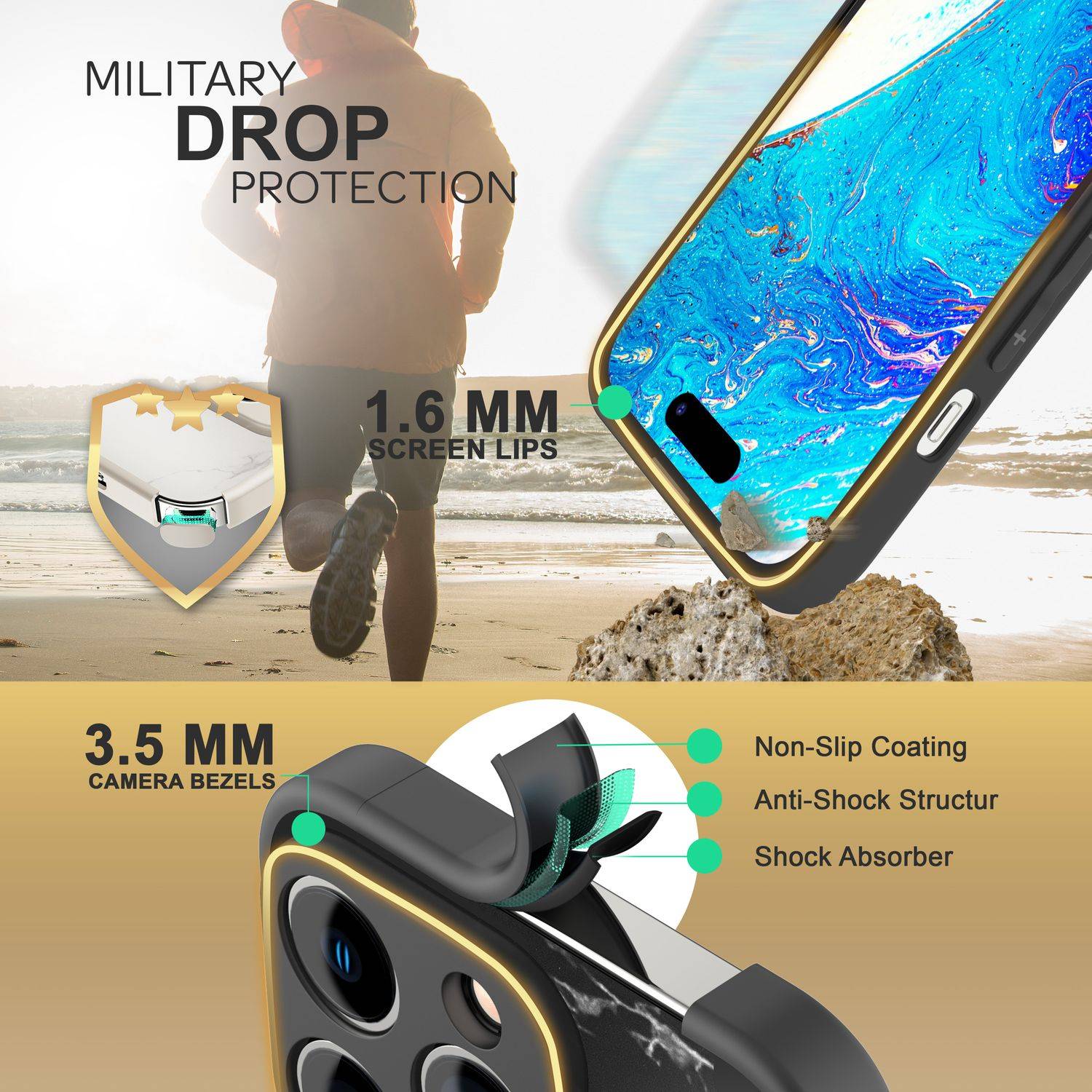 Glas Hülle für iPhone 14 Pro Max, Marmor Look Hardcase Silikon Rand Handy Cover Schwarz-1