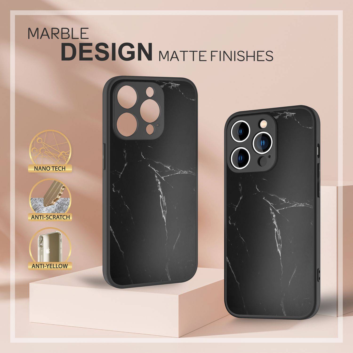 Glas Hülle für iPhone 14 Pro Max, Marmor Look Hardcase Silikon Rand Handy Cover Schwarz-2