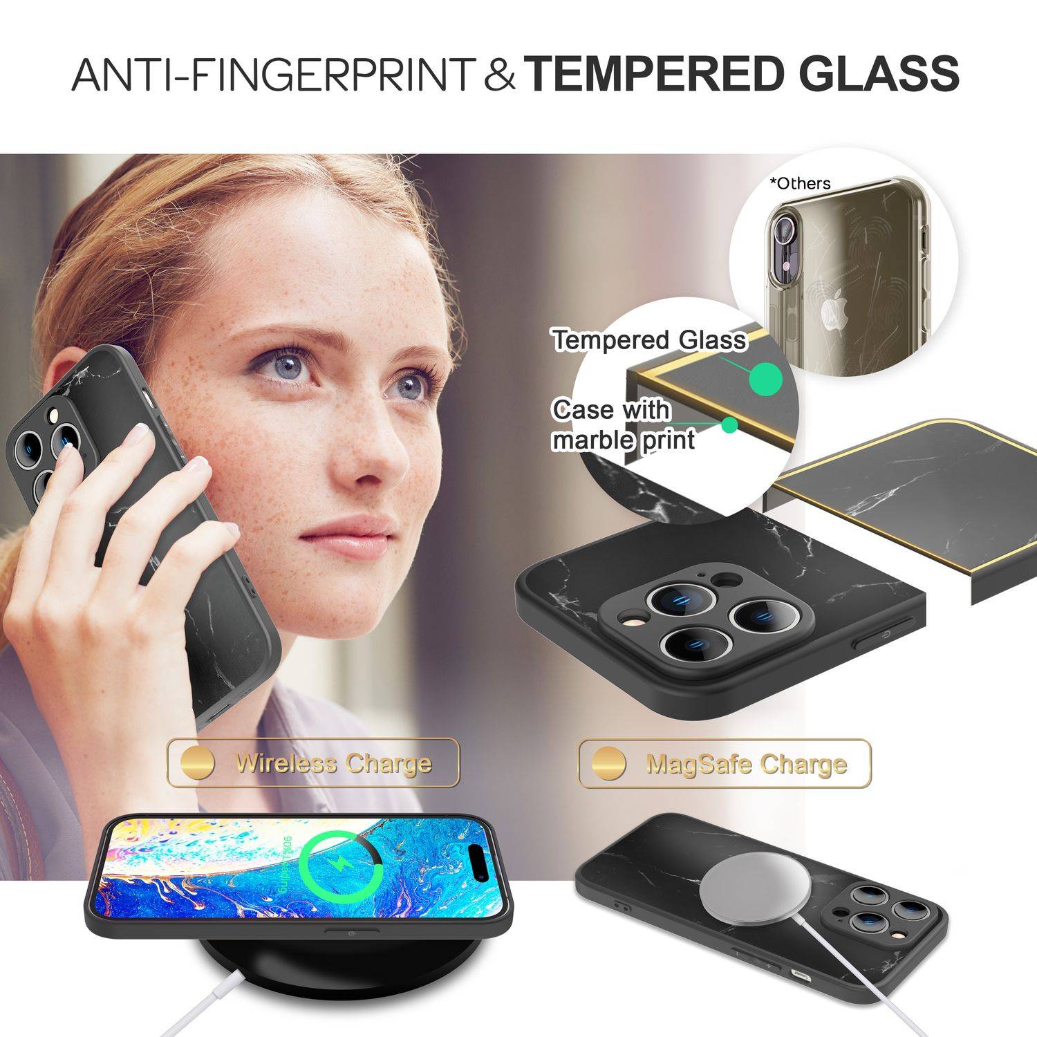 Glas Hülle für iPhone 14 Pro Max, Marmor Look Hardcase Silikon Rand Handy Cover Schwarz-4