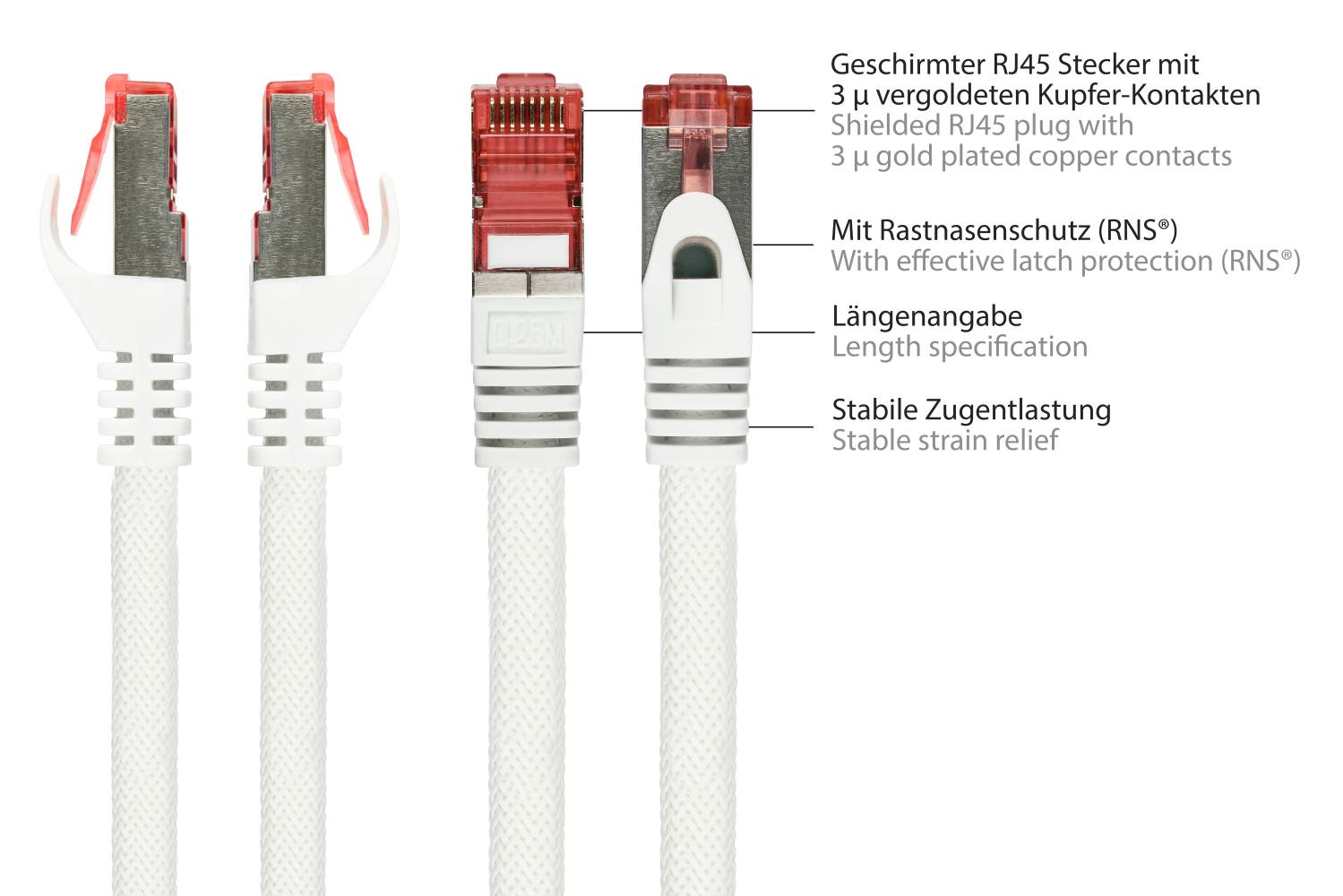 kabelmeister® RNS® Patchkabel mit Rastnasenschutz und Nylongeflecht, Cat. 6, S/FTP, PiMF, PVC, 250MHz, OFC, weiß, 0,5m-2