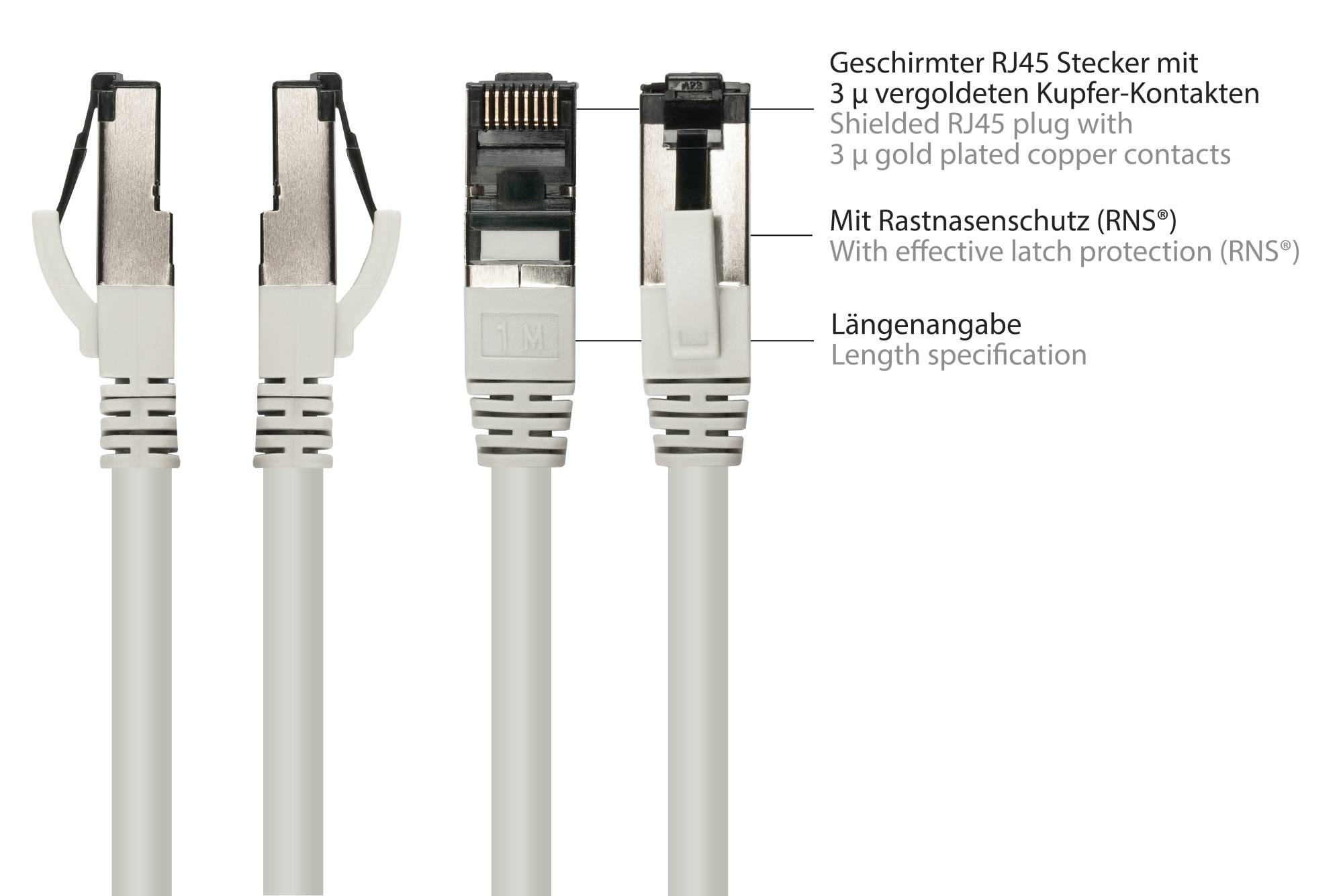 kabelmeister® RNS® Patchkabel Cat. 8.1, S/FTP, PiMF, halogenfrei (LSZH), CU, AWG26, 2000MHz, 40Gbit/s, grau, 1,5m-1