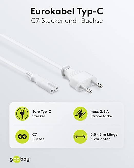 Goobay 93987 Netzkabel mit Eurostecker & C7 Buchse universell Stromkabel für PlayStation & Xbox Eurokabel, Weiß, 3.00 m-1