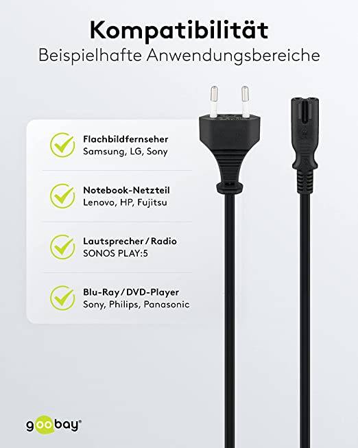 Goobay 51322 Netzkabel mit Eurostecker & C7 Buchse universell Stromkabel für PlayStation & Xbox Eurokabel Schwarz 1.80 m-2