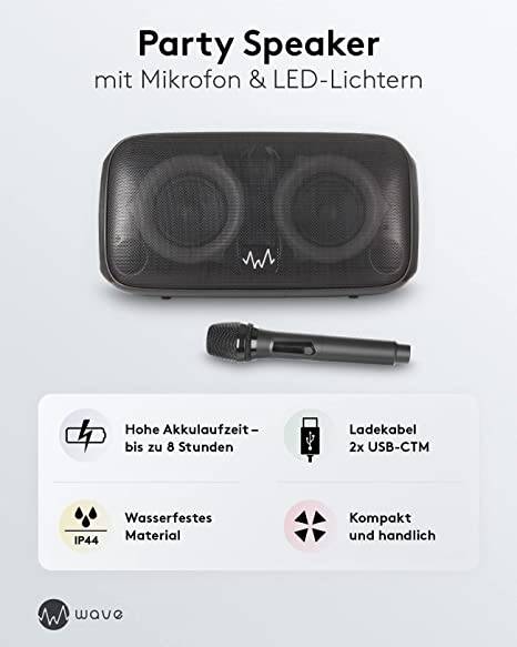 wave 59999 Karaoke Anlage kabelloses Mikrofon, wasserdichte Karaoke Maschine, tragbarer Bluetooth Lautsprecher Box, Akku-1
