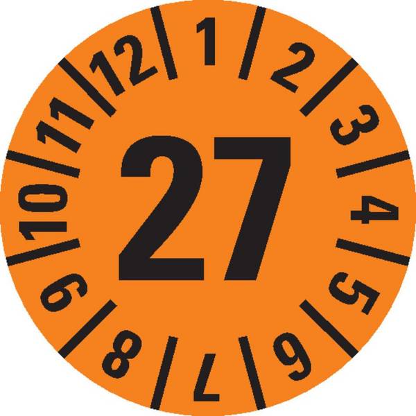 Jahresprüfplakette 27, orange, Folie, ablösbar, Ø 30mm, 500/Rolle