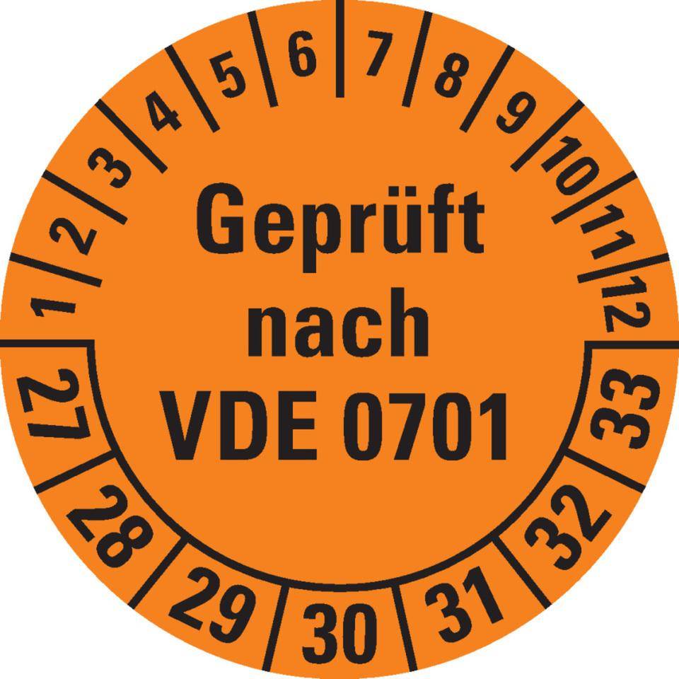 Prüfplakette geprüft nach VDE 0701, 27-33, orange, Dokumentenfolie, Ø 30mm, 108/Heft-0